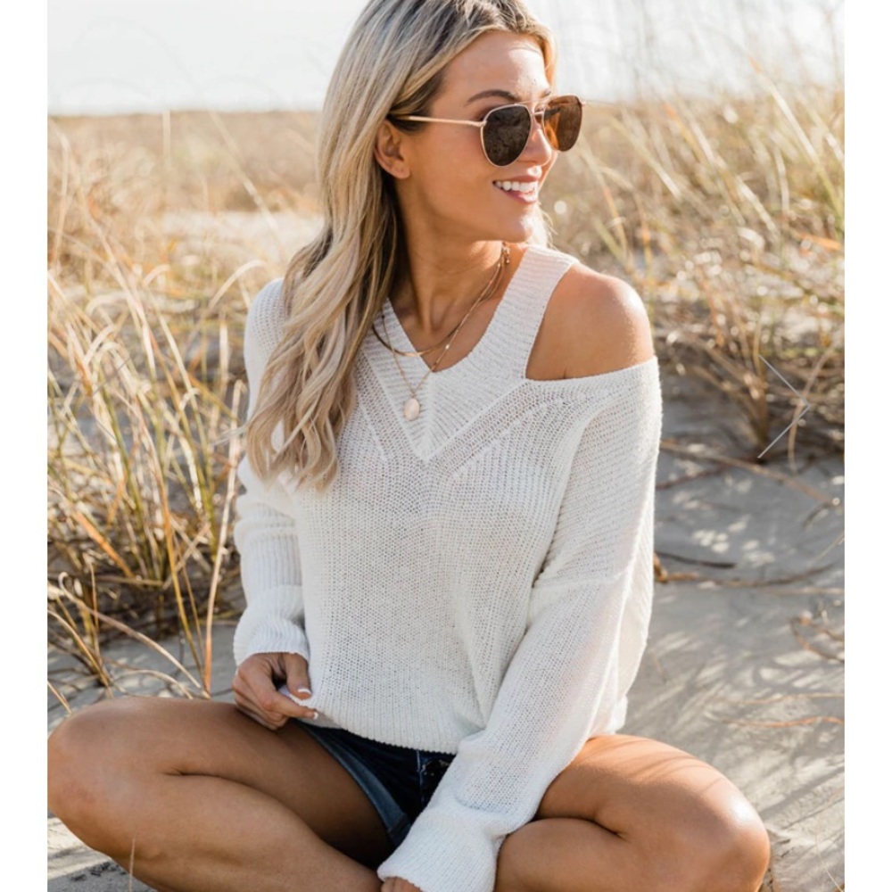 Pink Lily better without you ivory cutout shoulder sweater